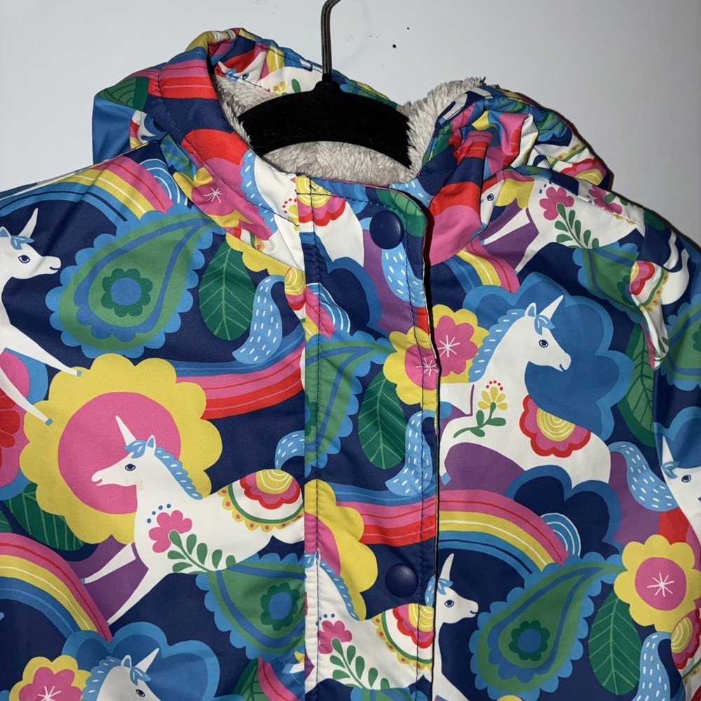 Mini Boden Girls Size 6/7 Unicorn Rain Jacket Fleece Lined Hooded Coat Warm - Picture 2 of 9